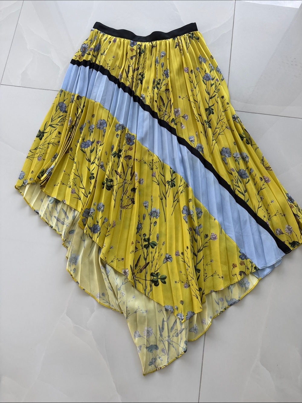 Self-Portrait Yellow Floral Asymmetric Pleated Skirt with Blue Panel